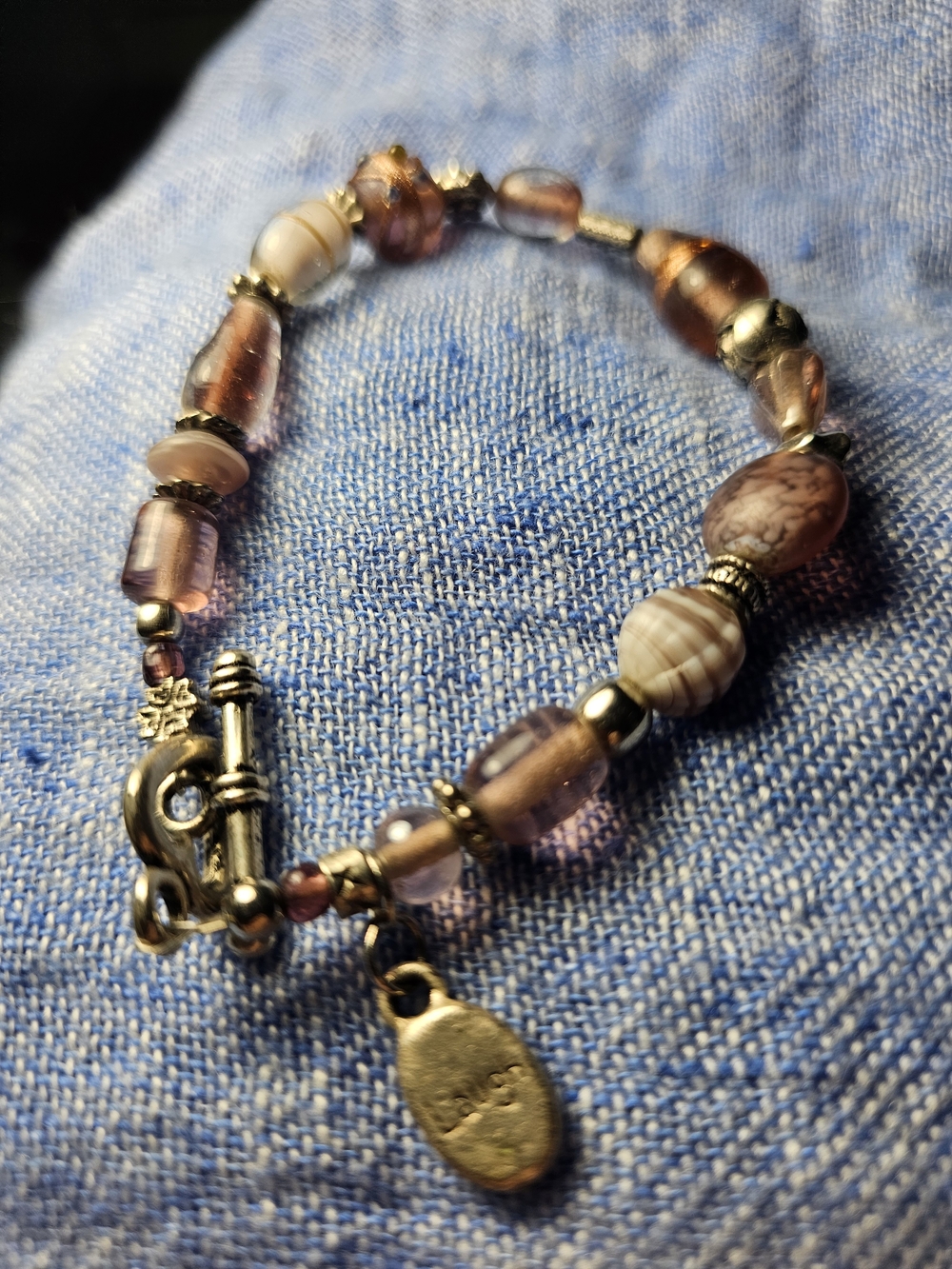 Handmade Purple Lavender Goldtone Art Glass Bead Toggle Bracelet Laugh Charm